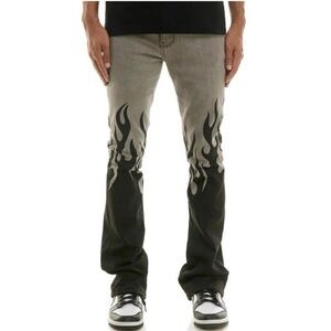 KDNK Men’s Gray and Black Denim Flame Jeans - Intense Flare. Size 30